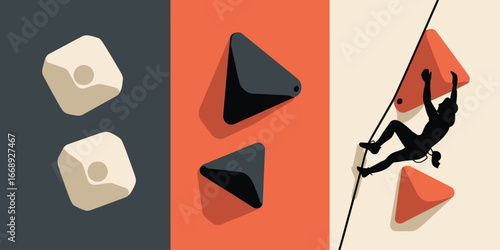 A graphic illustration depicting climbing holds of various shapes and a climber silhouette on a wall