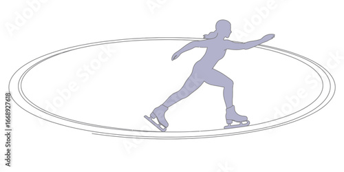 A stylized illustration of a woman ice skating in an oval track on a white background skating fast