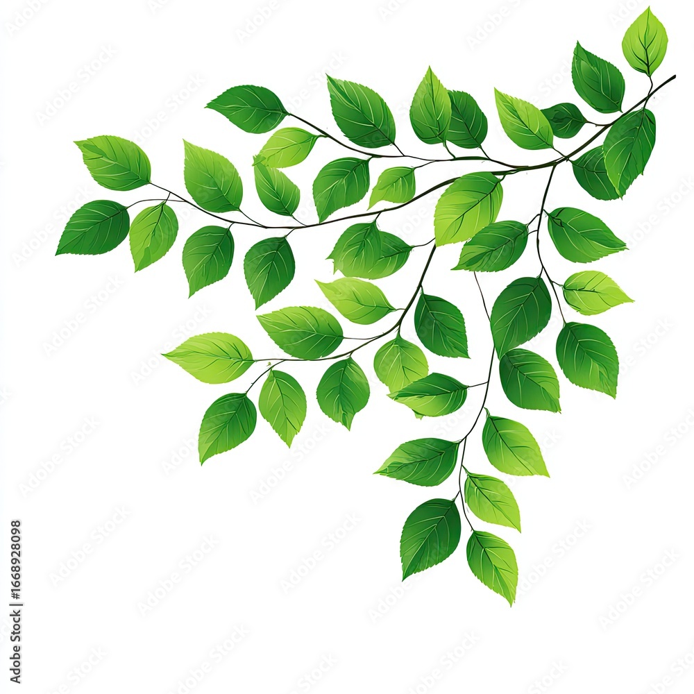 Naklejka premium Lush green branch with numerous ovate leaves, angled diagonally across a white background, showcasing vibrant spring foliage