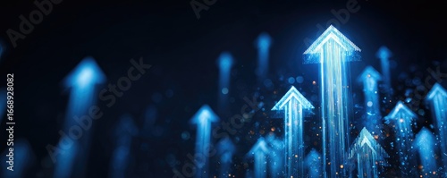 Glowing blue arrows ascend in a dark, particle-filled void, symbolizing growth, progress, and upward trajectory