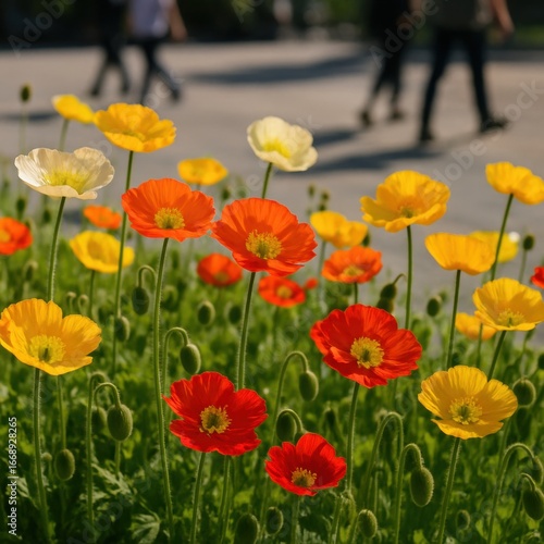 Vibrant mixed poppies in bloom on a sunny day in urban garden setting