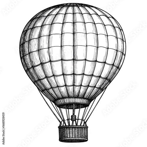 Detailed black and white sketch of a classic hot air balloon with intricate grid pattern and basket, isolated on a white background for artistic and decorative use
