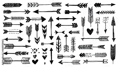 A collection of hand-drawn black ink arrows, varying in style, size, and decoration, including some hearts and dots