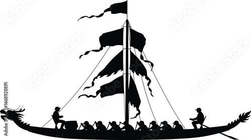 Silhouette of a Viking longboat with a dragon head prow and rowers on a white background