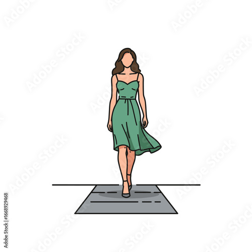 Elegant fashion model walks the runway in a flowing green dress. Vector character.