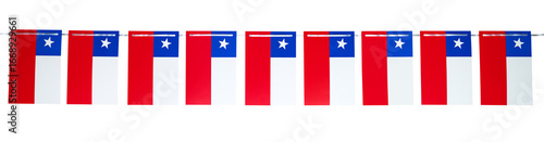 String of chilean flags hanging on a white background, representing chilean national holidays and celebrations