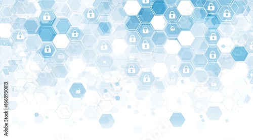 Abstract background of blue hexagons fading to white, densely packed and overlaid with padlock icons, suggesting security and data protection