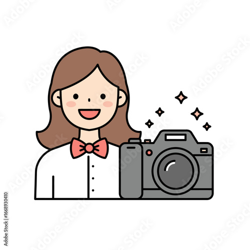 Happy female photographer character. Cute vector mascot for photography business.