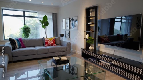 three-dimensionally rendered of contemporary living area furnished with various household items