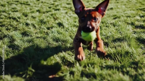 Joyful and energetic canine sprinting while carrying felt-covered spherical toy across lawn, depicting youthful exuberance and playfulness