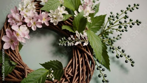 Handmade Spring Wreath Grape Vines with Decorative Leaves Copy Space