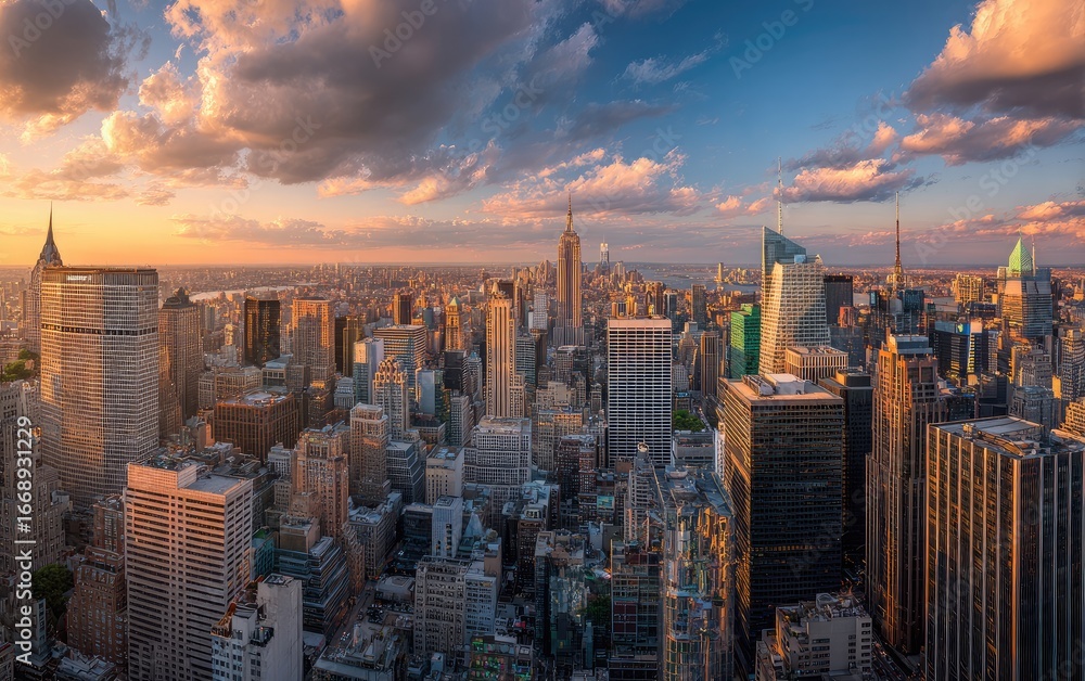 Obraz premium Panoramic sunset view of a dense cityscape, showcasing skyscrapers of varying heights and architectural styles under a dramatic, colorful sky