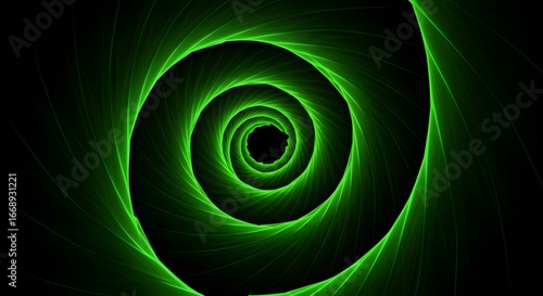 Abstract green spiral tunnel vortex with glowing lines on black background