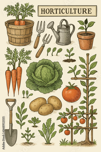 Horticulture Gardening Agriculture Nature Outdoor Plant Vector Farm Harvest Organic Vegetable Watering Can Care Cabbage Carrot Tool Print