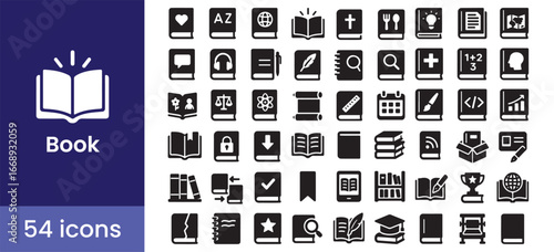 Book icon set for education, reading, and school subjects. Library, knowledge, learning, and study symbols in a simple glyph style for web and print applications.

