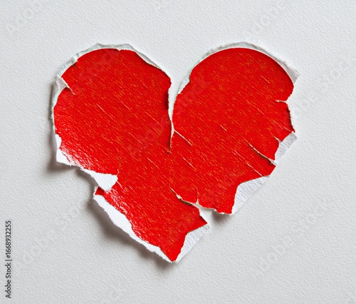 A torn, red paper heart shape against a plain white background; the edges are ragged and uneven, symbolizing heartbreak or separation