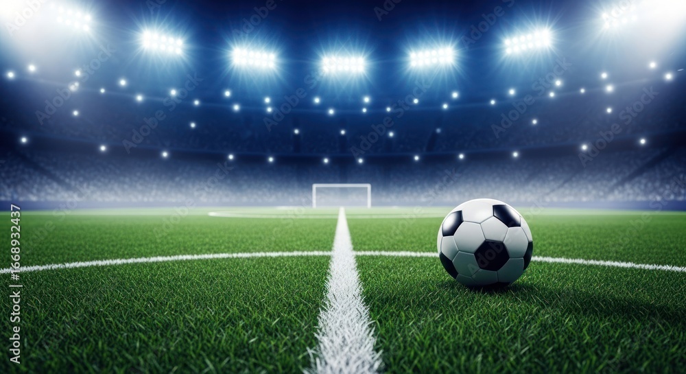 Fototapeta premium A soccer stadium filled with vibrant energy, illuminated by spotlights, and featuring a soccer ball on the green field.