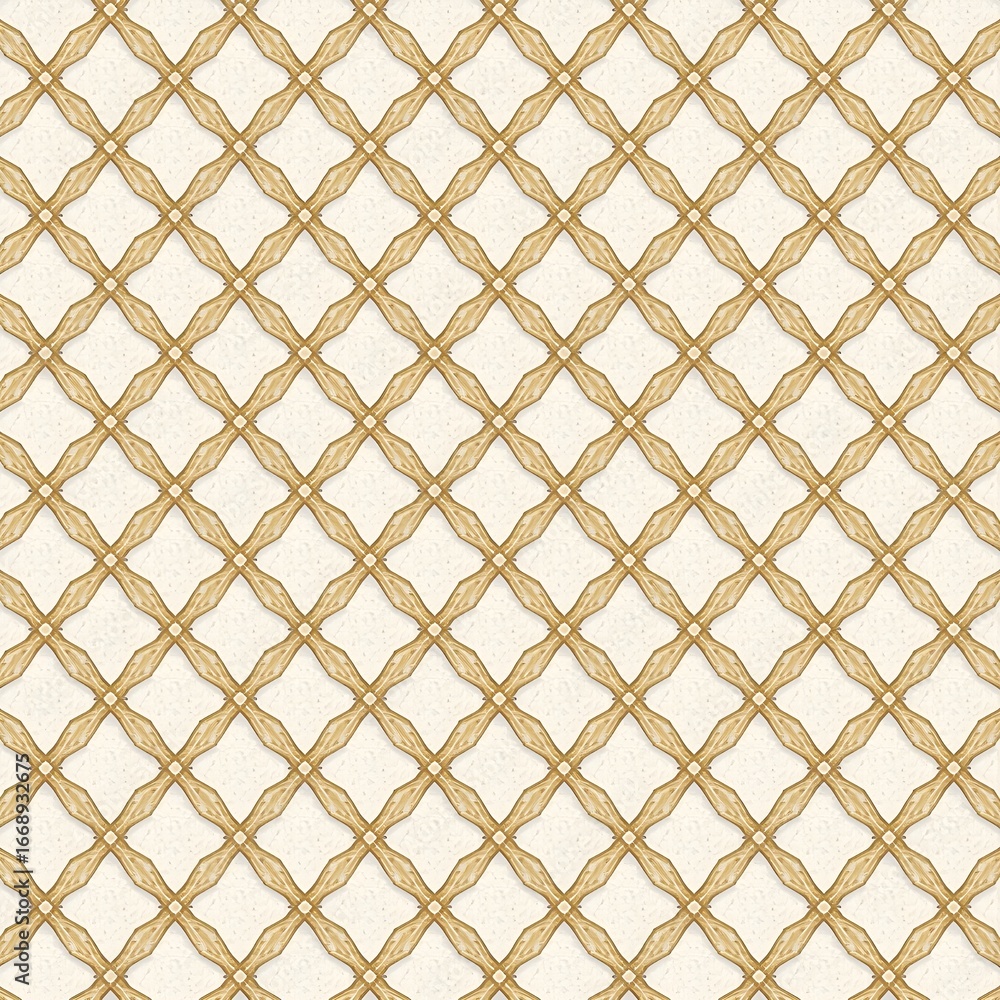 Naklejka premium Seamless geometric pattern featuring interconnected diamond and cross-like shapes in golden-brown lines on a white background. Modern, oriental style repeat Generative AI 