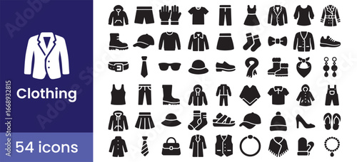 Clothing and fashion icon set with clothes, apparel, and accessory symbols. This glyph style collection is perfect for a retail shop and e-commerce applications.

