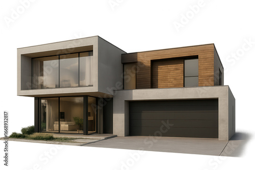 Modern house with garage and transparent background showcasing contemporary architecture