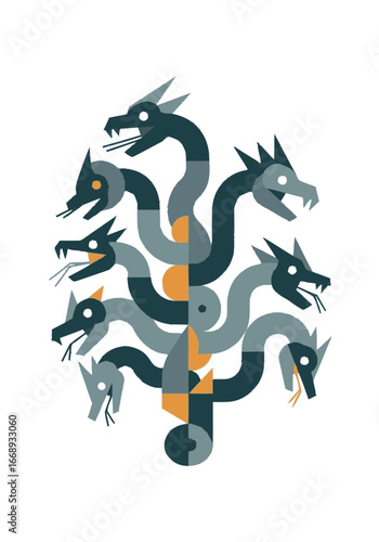 Geometric Hydra A Mythical Multi-Headed Serpent Illustration