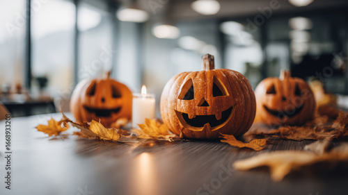 Spooky halloween pumpkins create festive office decoration with warm candlelight and autumn leaves enhancing atmosphere