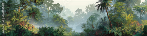 A beautiful jungle with various tropical plants and trees misty atmosphere bright colors realistic white background style digital art high resolution very det.