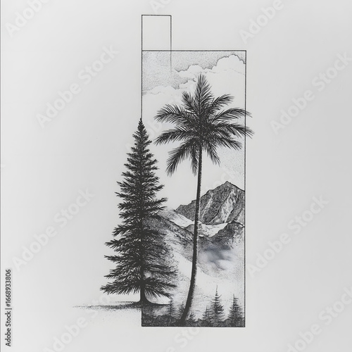 Make my drawing of a pine tree In and rectangle and a palm tree in a rectangle in the same style as the reference tattoo But more artistic.