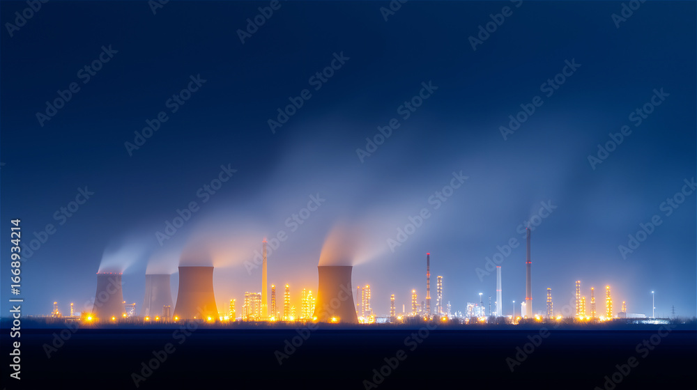 Fototapeta premium Bright illuminated petrochemical plant at night with smoke and flames, industrial complex symbolizing energy, manufacturing and environmental impact of heavy industry.
