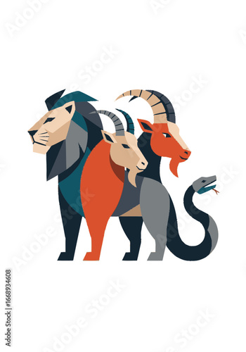 Mythical chimera flat design, a legendary beast combining a lion's head, goat's body, and serpent's tail, symbolizing ancient fables