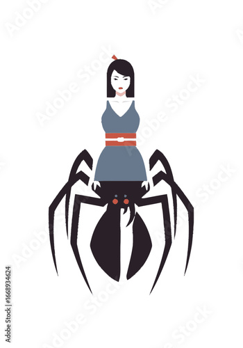 Illustration of a mythological spider woman with human torso and spider legs, a blend of fantasy and horror