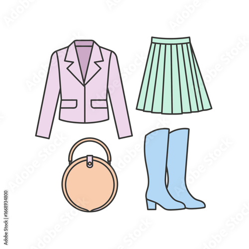 Modern women's fashion outfit collection. Vector set of blazer, skirt, and accessories.