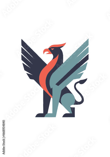 Majestic griffin emblem, a powerful mythological creature depicted with striking geometric lines, symbolizing ancient strength and modern design aesthetics