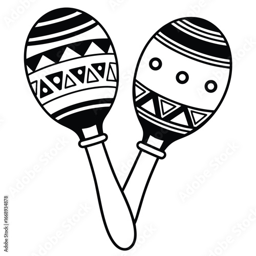 Black and white drawing of two maracas with decorative patterns on a white background music percussion