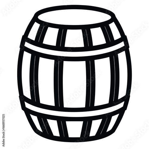 Black and White Outline of a Wooden Barrel with Metal Bands on a White Background barrel maker cooperage