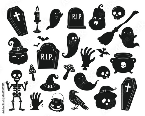 A hand-drawn set of spooky black silhouettes. Skulls and skeletons, pumpkins and gravestones, ghosts and cauldrons with potions, coffins and zombie hands. Halloween design. Isolated white background.