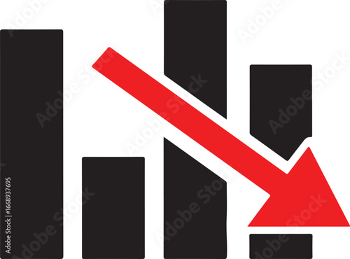 Bar graph with descending red arrow indicating decline on white background chart data
