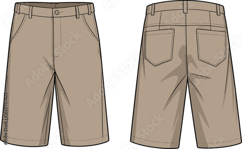 Men’s shorts vector template, casual khaki bermuda design, fashion flat sketch clothing mockup front back illustration