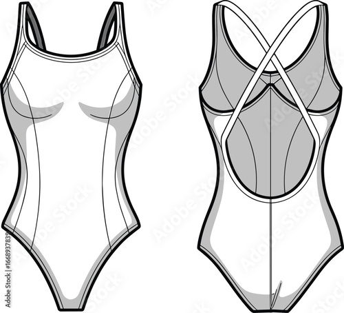 One piece swimsuit design, fashion swimwear template, vector illustration, front and back view