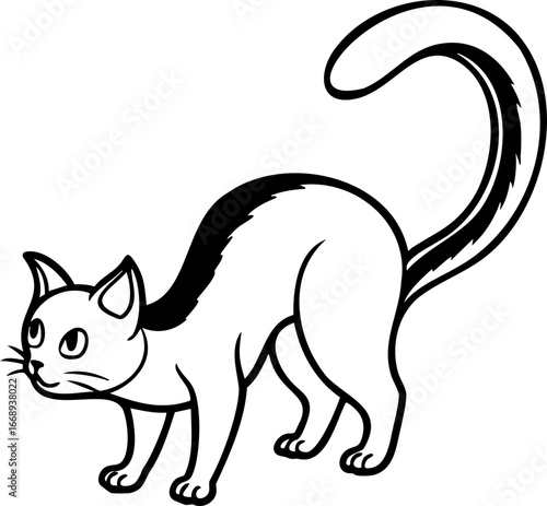 Line Art Black cat with arched back and raised tail showing alertness and curiosity
