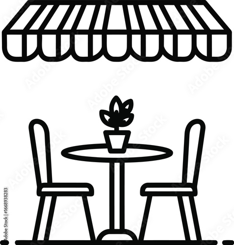 Vector art of a black and white drawing of an outdoor cafe with a table and chairs