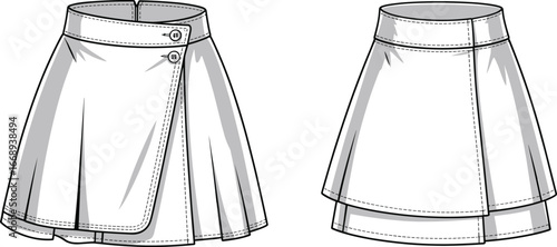 Women’s skirt vector template, wrap design fashion flat sketch, pleated mini skirt clothing mockup illustration