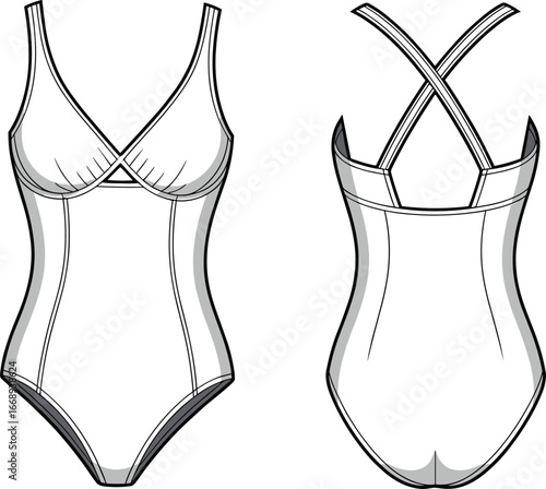Women’s swimsuit vector template, one-piece bathing suit fashion flat, swimwear mockup with straps, beachwear apparel design illustration