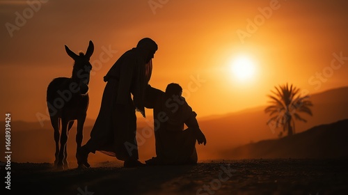The good samaritan carrying the wounded man on a donkey at sunset, symbolizing mercy, kindness, and compassion.