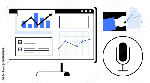 Desktop screen with graphs, checklists, payment handout, and microphone icon. Ideal for business, analytics, communication, finance, marketing teamwork education and simple landing page