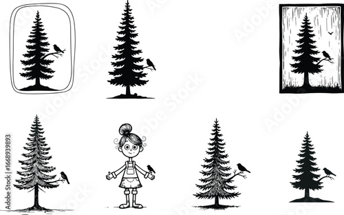Pine tree and bird illustration set, nature graphic sampler, silhouette, sketch, cartoon, logo styles, black and white design