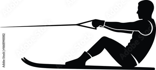 Vector art of, a water skier is displayed in silhouette, holding onto a rope