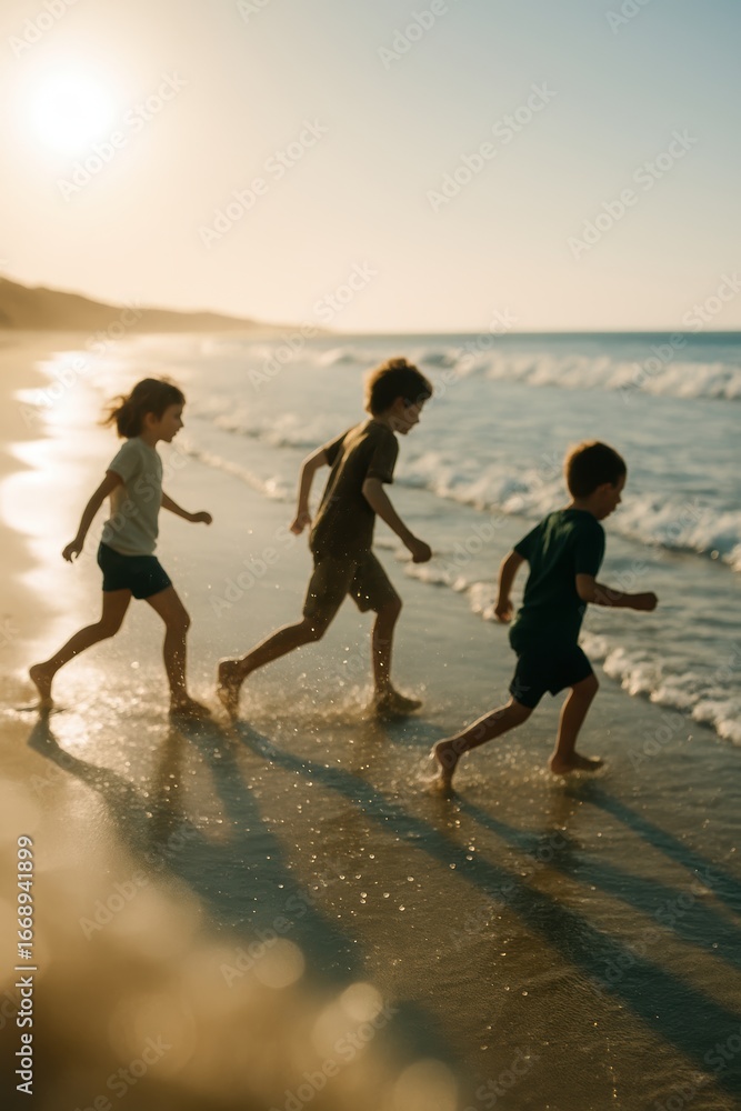 Fototapeta premium Children running along the beach at sunset with ocean waves
