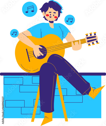 A cheerful young person sits on a stool, strumming a bright yellow acoustic guitar with musical notes floating around them.