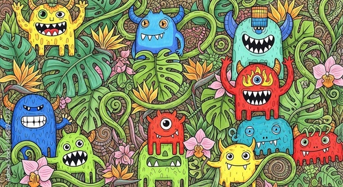 A whimsical jungle illustration filled with colorful, friendly, cartoon monsters amongst lush greenery and tropical flowers
